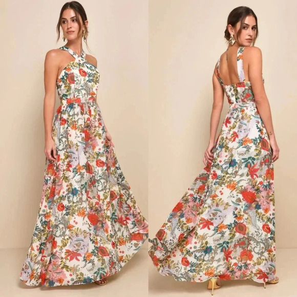 Lulus Dresses & Skirts - Lulus Lilja Cream Floral Print Maxi Dress L Wedding Party Vacation Summer Travel